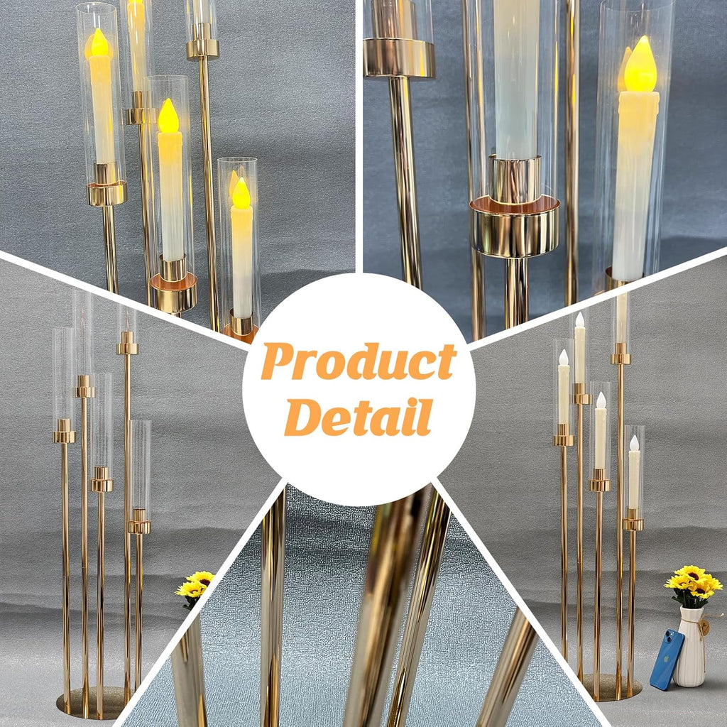 10 Set 5 Arm Golden Candle Holder with Acrylic Lampshade, 41.3'' Tall Candlesticks Holder for Christmas Wedding Housewarming Gift,Metal Candle Holders Candlestick Centerpiece,Fit 0.87'' LED Candle