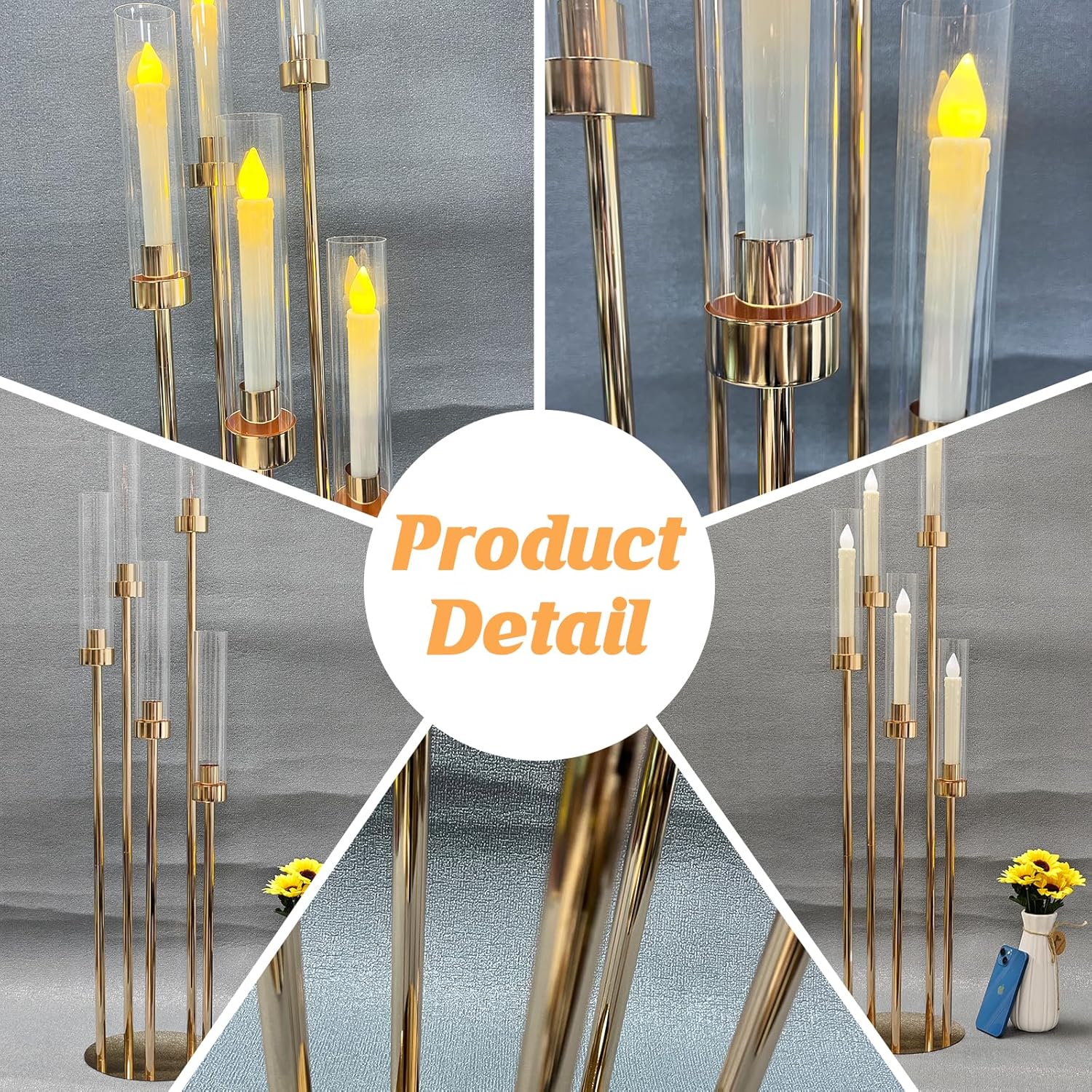 10 Set 5 Arm Golden Candle Holder with Acrylic Lampshade, 41.3'' Tall Candlesticks Holder for Christmas Wedding Housewarming Gift,Metal Candle Holders Candlestick Centerpiece,Fit 0.87'' LED Candle