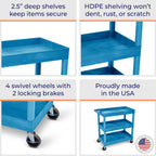 Stand Steady Tubstr 3 Shelf Utility Cart | Made in USA | Heavy Duty Tub Cart Holds Up to 300 lbs. | Storage Cart & Rolling Tool Cart for School, Office, Garage & Warehouse (32 x 24in / Blue)