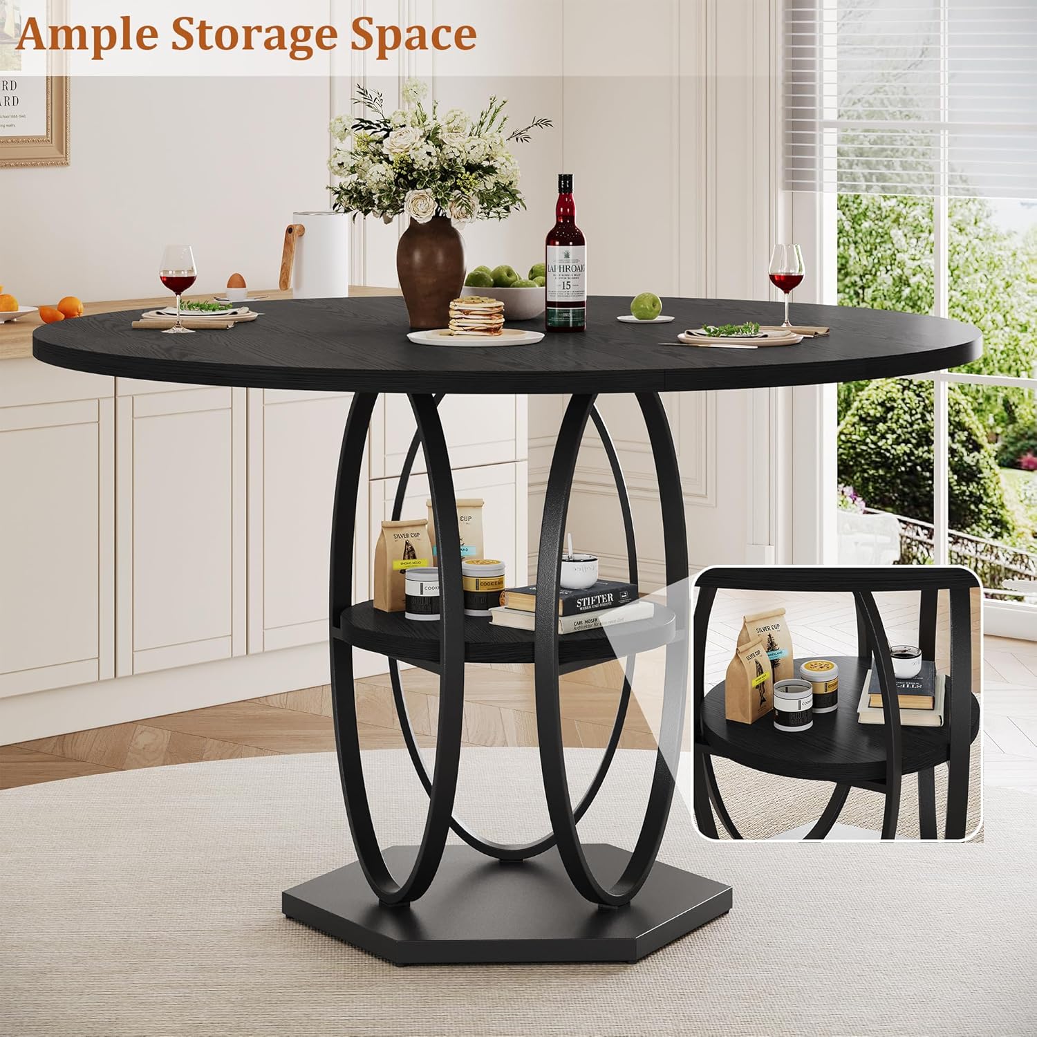 47.2" Black Round Dining Table for 4-6, Circle Kitchen Table with Open Storage Shelf, Modern Wooden Dinner Table with Metal Pedestal Base, Dining Room Tables for Kitchen Small Space