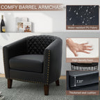 Pia Ricco Faux Leather Barrel Accent Chairs Set of 4, Modern Club Arm Chair Comfy Upholstered Single Sofa Chair with Solid Wood Legs and Nailhead Trim for Living Room/Reading Room, Black