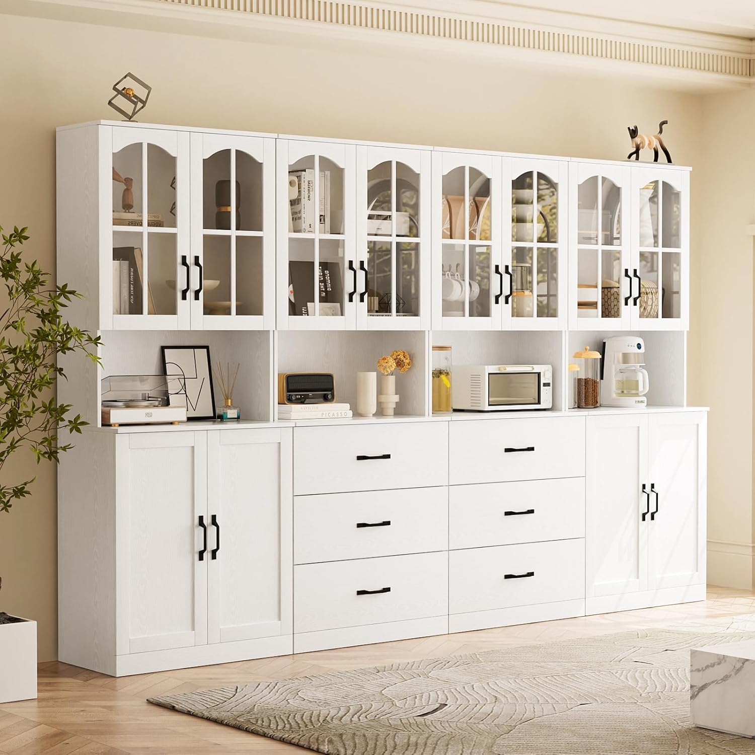 TUSY 71" Tall Bookcase with Glass Door, 6-Tier Modern Bookshelf with Drawer, 23.6" Wide Storage Cabinet with Countertop, Freestanding Display Cabinet for Living Room, Home Office (AEA)
