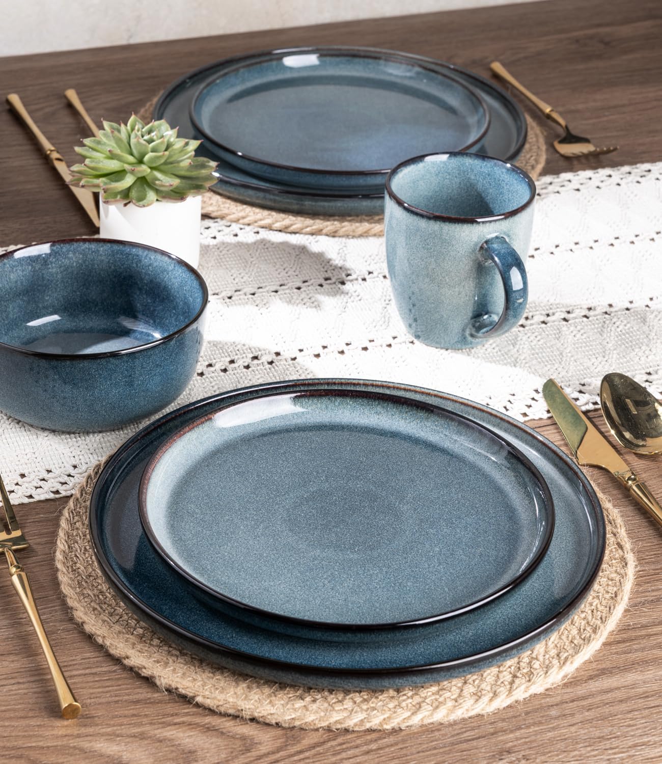 GBHOME Dinnerware Sets for 4, 12 Pieces Stoneware Plates and Bowls Sets, Scratch Resistant Ceramic Dishes, Dishwasher & Microwave Safe, Reactive Glaze-Blue Horizon