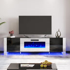 AMERLIFE Fireplace TV Stand with 40" Fireplace, 80" Modern Entertainment Center with High Gloss Doors & LED Lights, U-Shaped Legs TV Console Cabinet for TVs Up to 90", Black TV Stand White Fireplace