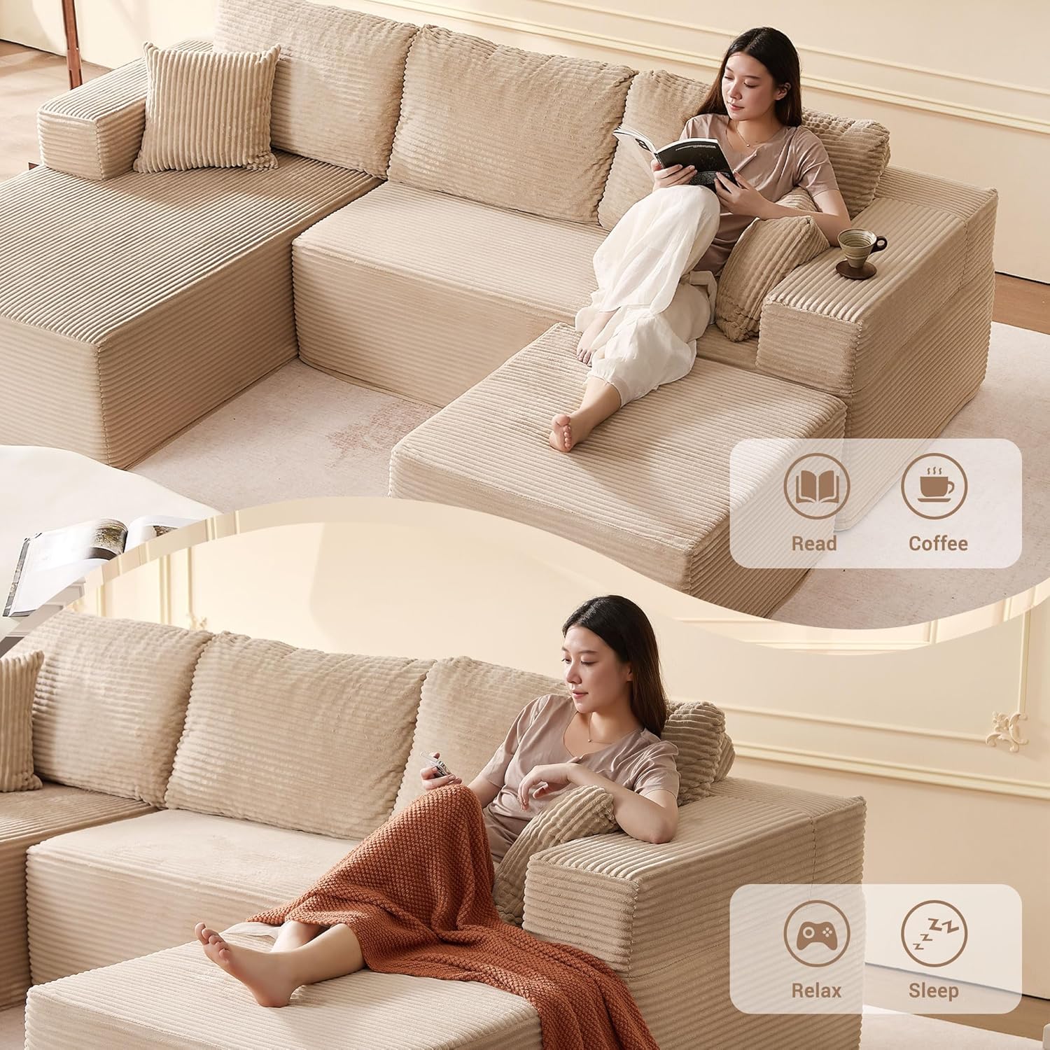 107" Boneless Couch with Deep Seat, Set of Modular Sectional Sofa, Cloud Sectional Couch for Living Room, No Assembly Required, Corduroy, U-Shape 3 Seater Left, Camel