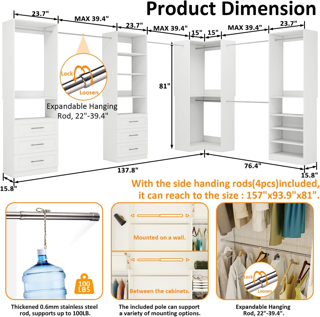 Closet System with 4 sets, 101.9" Closet Organizer Systems with 6 Drawers & 8 Hanging Rods & Adjustable Shelves, Walk in Closet Standing Closet System, Corner Closet System Set, White