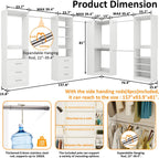 Closet System with 4 sets, 101.9" Closet Organizer Systems with 6 Drawers & 8 Hanging Rods & Adjustable Shelves, Walk in Closet Standing Closet System, Corner Closet System Set, White