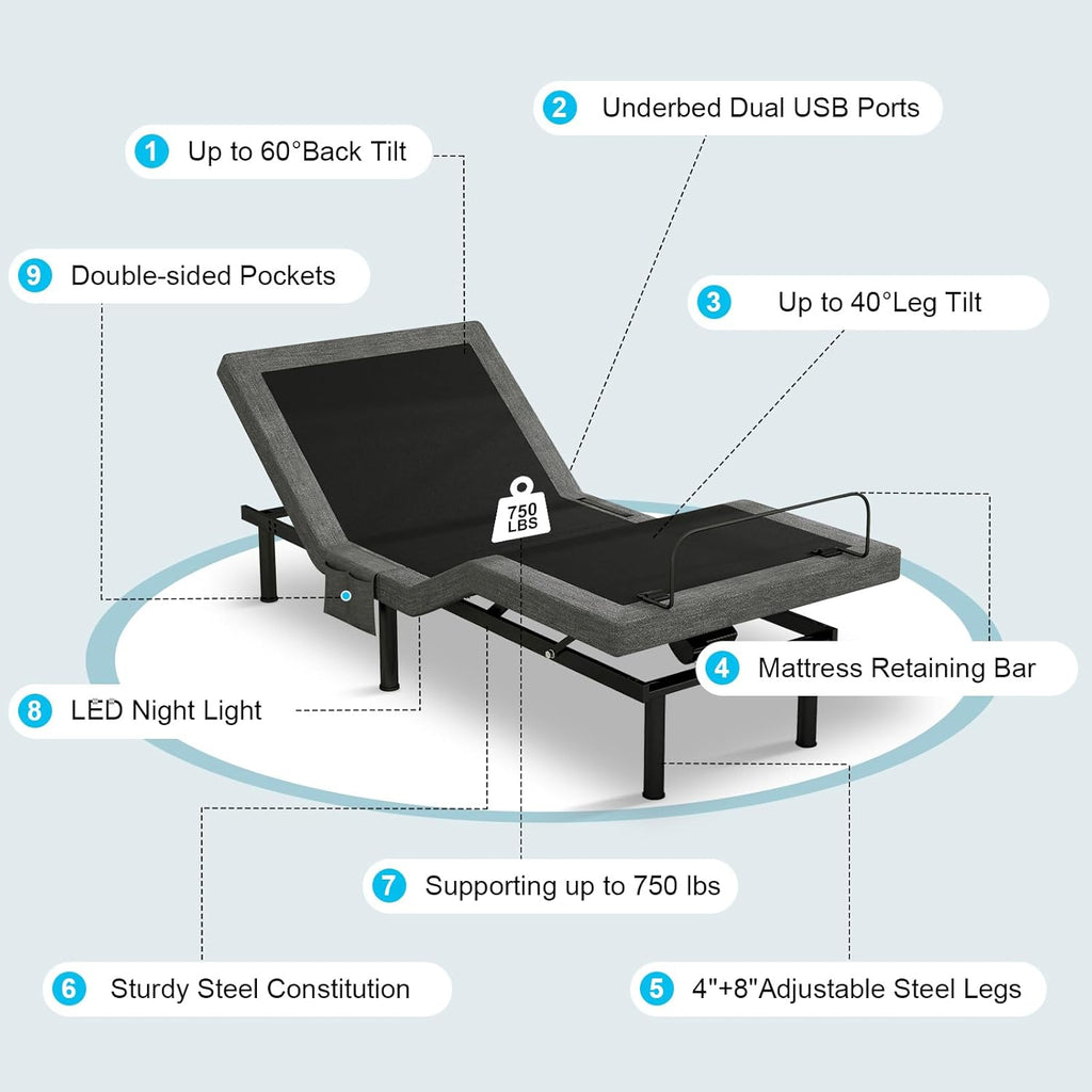 Vipbear Twin XL Adjustable Bed Base - Dual Motor Bed Frame with Wireless Remote, Zero Gravity/Anti-Snore/TV Mode, Under-Bed LED Light & 4 USB Ports, 3-Height Adjustable Legs