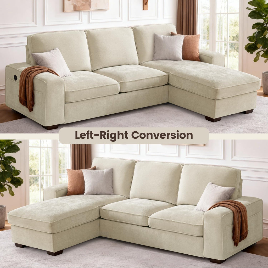 PARKOL 99" L-Shaped Sectional Couch with Storage, Sofa with Reversible Chaise, USB Type-C Charging, Chenille Fabric, Removable Cushion Covers, for Small Space, Apartment, Living Room, Beige