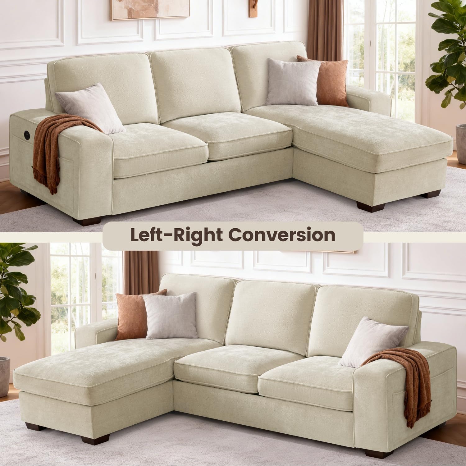 PARKOL 99" L-Shaped Sectional Couch with Storage, Sofa with Reversible Chaise, USB Type-C Charging, Chenille Fabric, Removable Cushion Covers, for Small Space, Apartment, Living Room, Beige