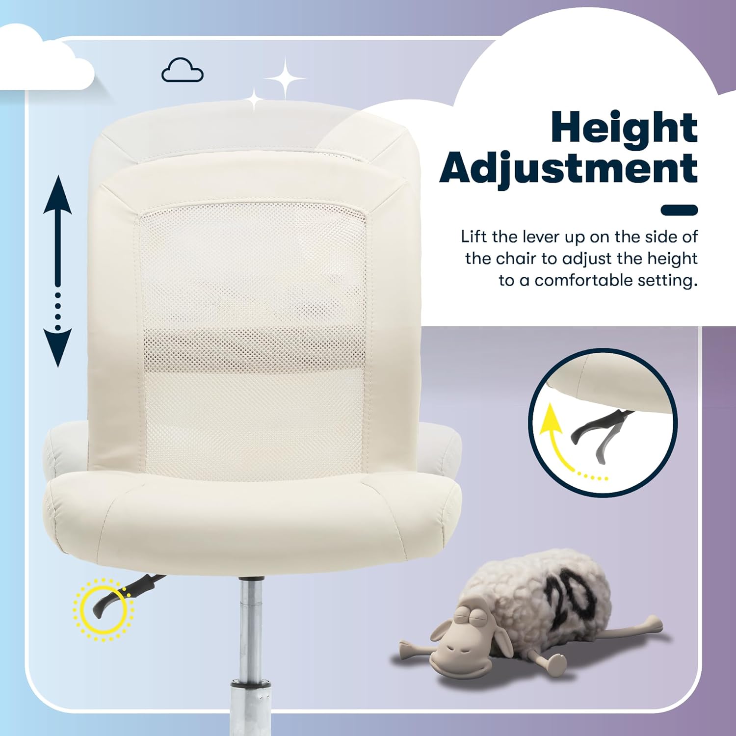 Serta Essential Armless TaskChair, Small Desk Chairs with Wheels, Breathable Mesh Back and Faux Leather, Quality Foam Cushion Seat for Comfort, Minimal Design for Vanity Table, Cream White
