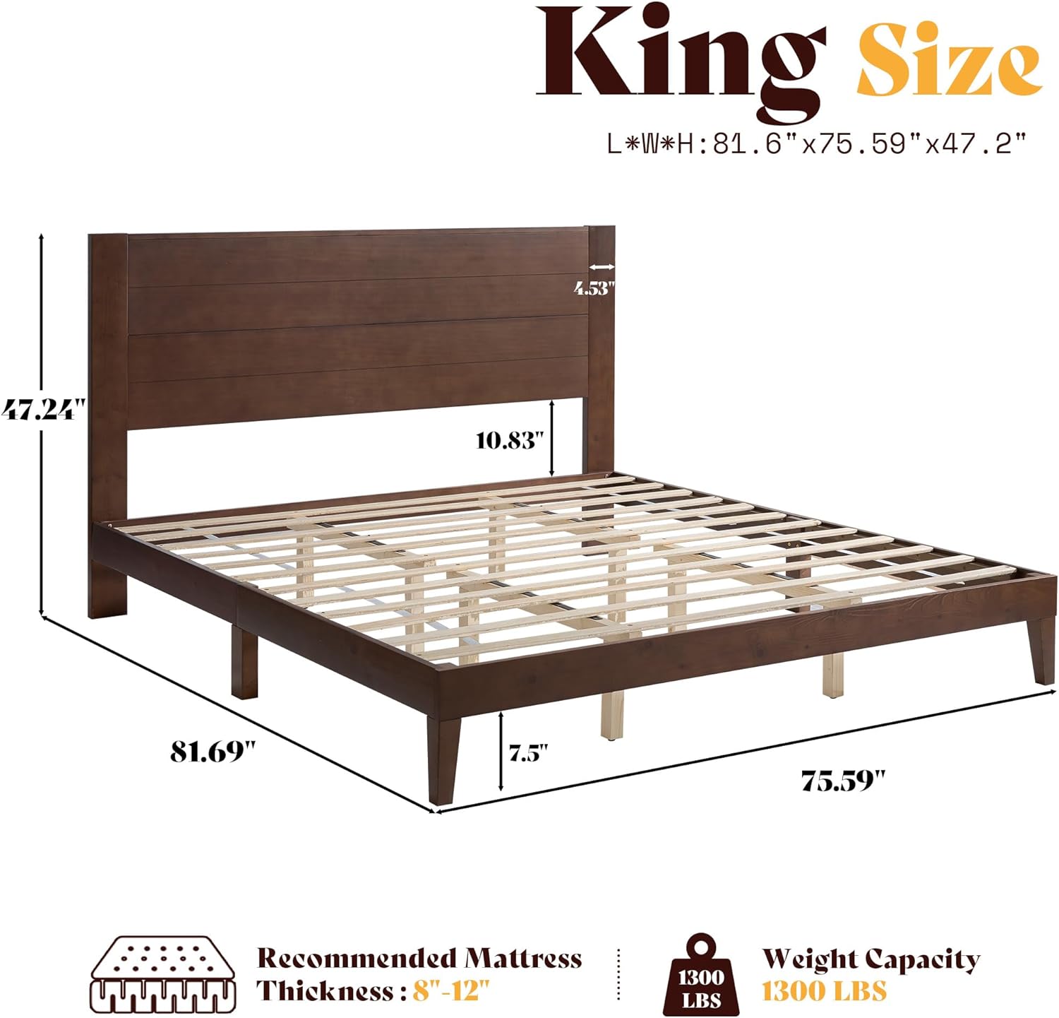 AMERLIFE King Sizes Solid Wood Bed Frame with 48" Headboard, Mid Century Modern Platform Bed with Silent Wood Slat System, No Box Spring Needed, Under-Bed Storage, Walnut