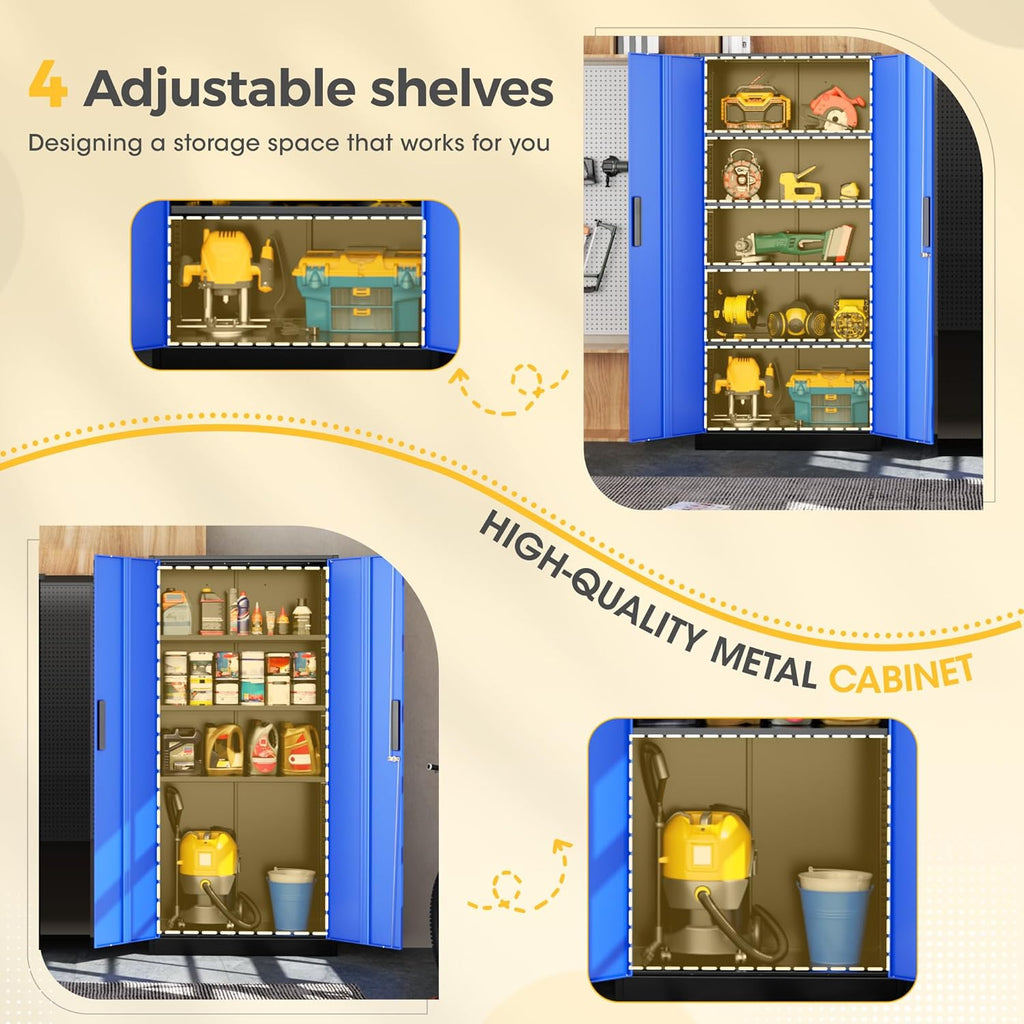 Greenvelly Metal Storage Cabinet, Steel Garage Cabinet with Doors and Adjustable Shelves, Metal Cabinet with Lock,Tall Metal Office Storage Cabinet for Garage,Home Office,School (Black Blue)