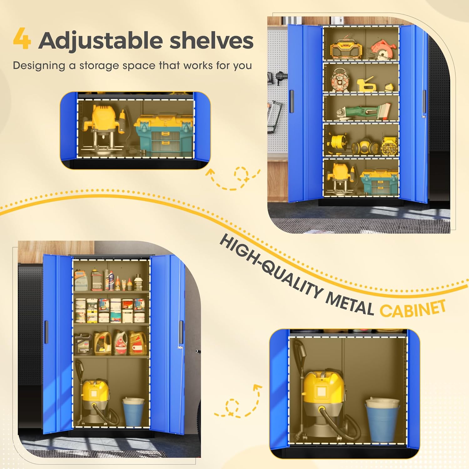 Greenvelly Metal Storage Cabinet, Steel Garage Cabinet with Doors and Adjustable Shelves, Metal Cabinet with Lock,Tall Metal Office Storage Cabinet for Garage,Home Office,School (Black Blue)