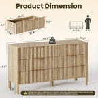 55" Wide Fluted 6 Drawer Dresser for Bedroom, Wooden Dresser Modern Chest of Drawers TV Stand Dressers with Organizer Storage for Bedroom, Living Room, Entryway, Hallway, Oak