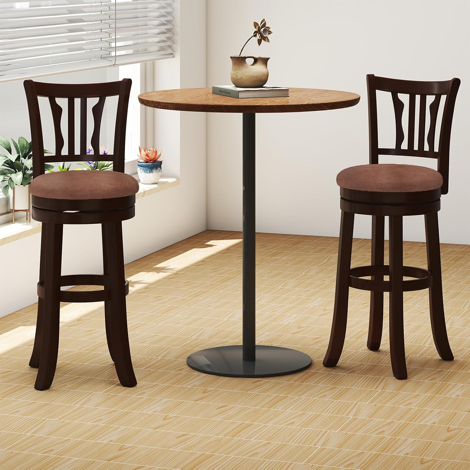 COSTWAY 30" Bar Height Stools Set of 4, Swivel High-Top Chairs with Backrest & Faux Leather Padded Seat, Rubber Wood Counter Barstools with Footrest for Kitchen Islands, Dining Room, Pub (4,30'')