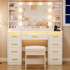 ANWBROAD Vanity Desk with Mirror and Lights 3 Colors Large Makeup Vanity Table Set Transparent Glass Top with 9 RGB Drawers, 4 Shelves Vanity Desk with Stool Power Outlet White Bedroom Women UBDT94W