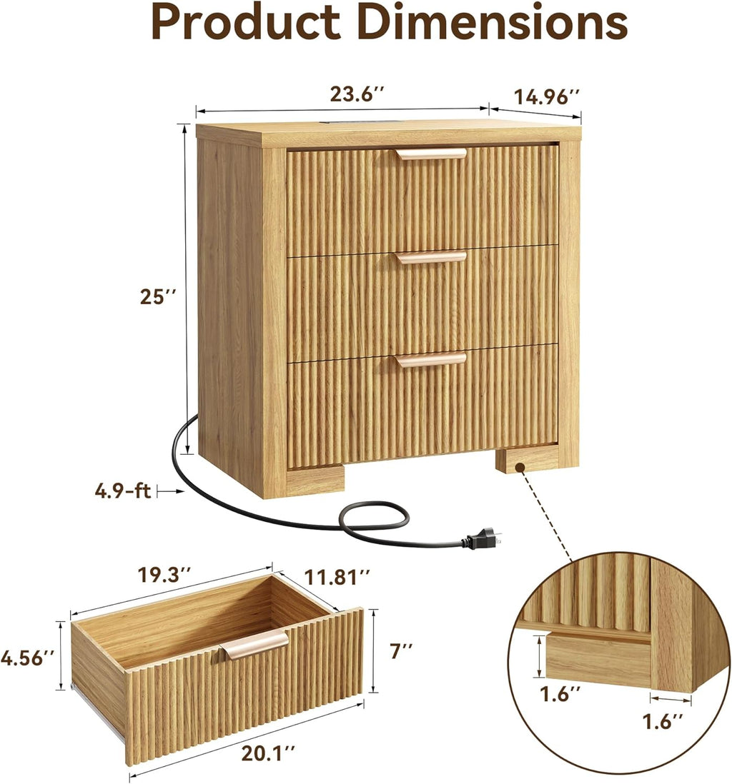 Fluted Nightstand Set of 2 with Charging Station, 23.6" Night Stand with 3 Drawers,End Table with Storage, Bed Side Table for Bedroom,Modern Nightstand for Living Room, Natural Oak
