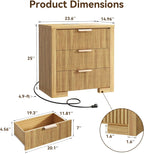 Fluted Nightstand Set of 2 with Charging Station, 23.6" Night Stand with 3 Drawers,End Table with Storage, Bed Side Table for Bedroom,Modern Nightstand for Living Room, Natural Oak