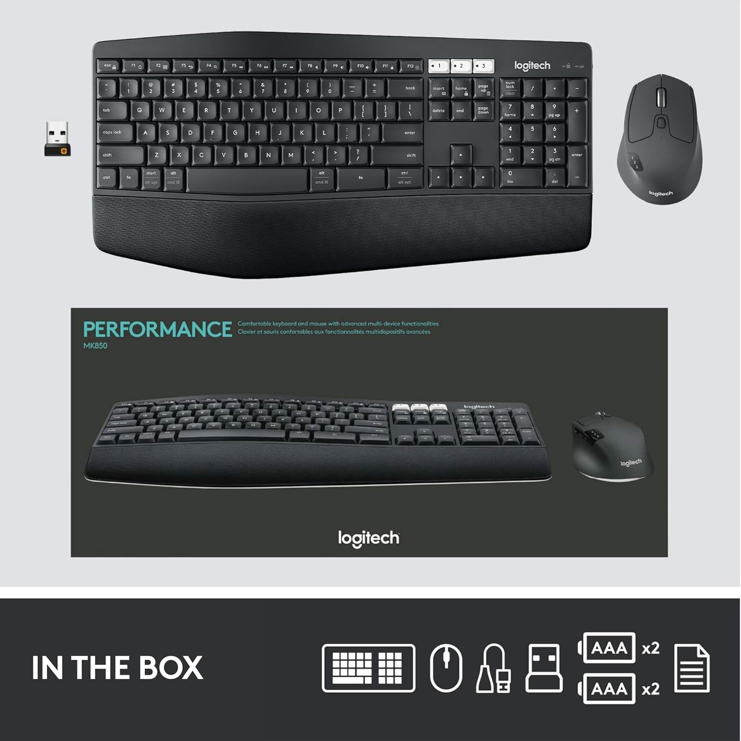Logitech MK850 Performance Wireless Keyboard and Mouse Combo for Windows, macOS & ChromeOS, Bluetooth & 2.4 GHz USB Receiver, Full-Size Ergonomic Keyboard, Multi-Device, Cushioned Palm Rest – Graphite