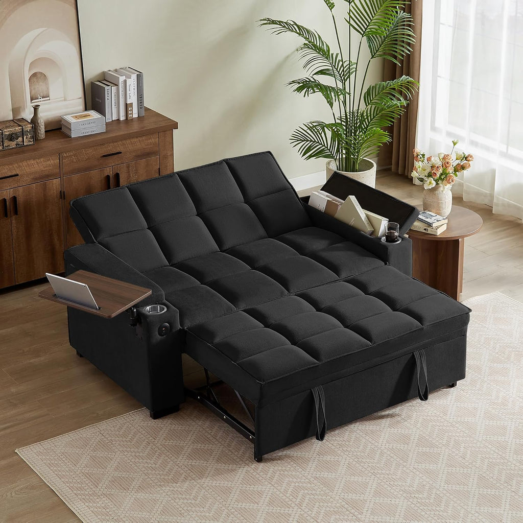 66" Multi-Functional Pull-Out Sofa Bed with Hidden Side Table, Storage Armrests, Built-in Charging Port, Spring Mattress, Solid Wood Frame – Ideal for Small Spaces, Easy Assembly