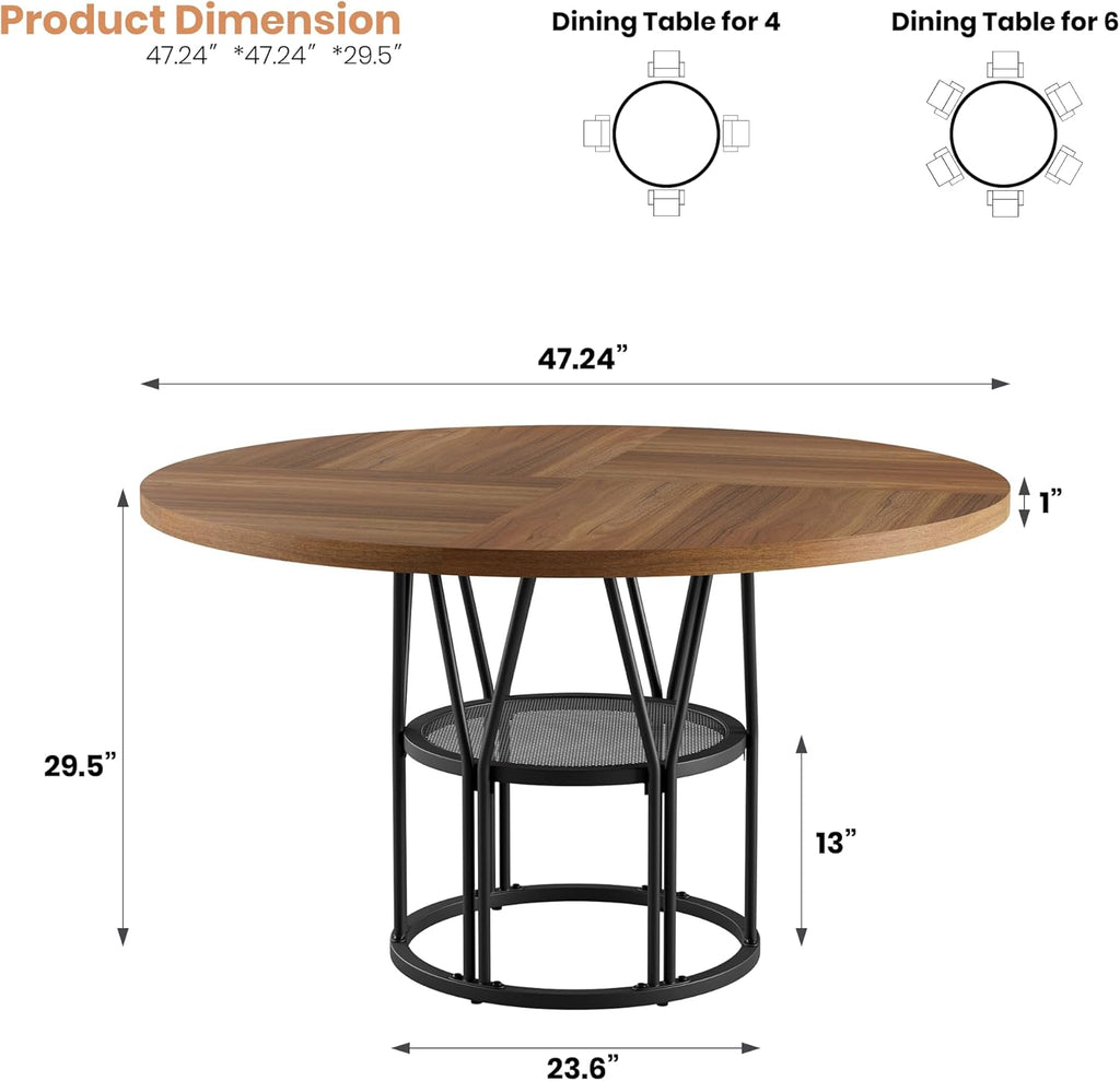 Garvee Round Dinning Table for 4-6 - 47" Circle Dinner Table with Storage Shelf & Sturdy Metal Frame, Modern Breakfast Tea Tray for Kitchen, Living Room, Apartment, Office, Brown