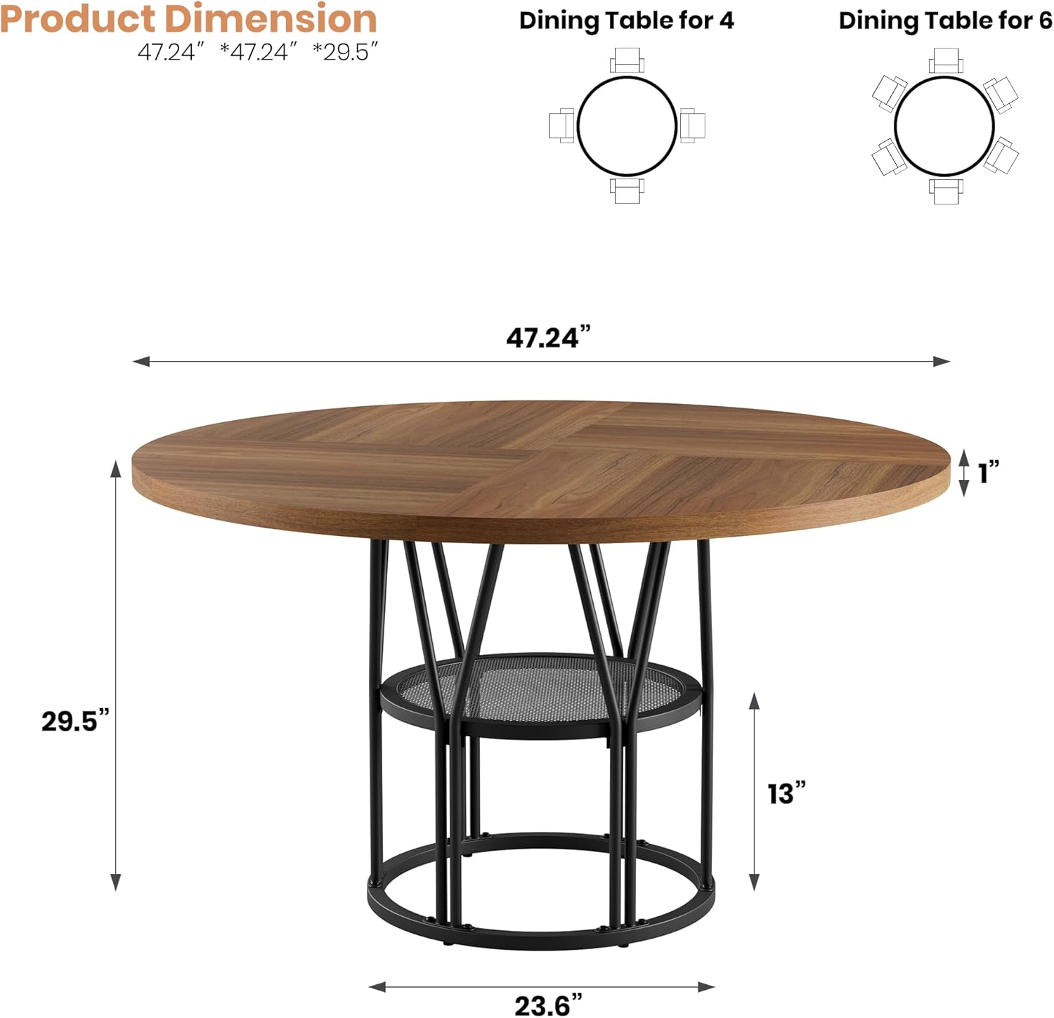 Garvee Round Dinning Table for 4-6 - 47" Circle Dinner Table with Storage Shelf & Sturdy Metal Frame, Modern Breakfast Tea Tray for Kitchen, Living Room, Apartment, Office, Brown