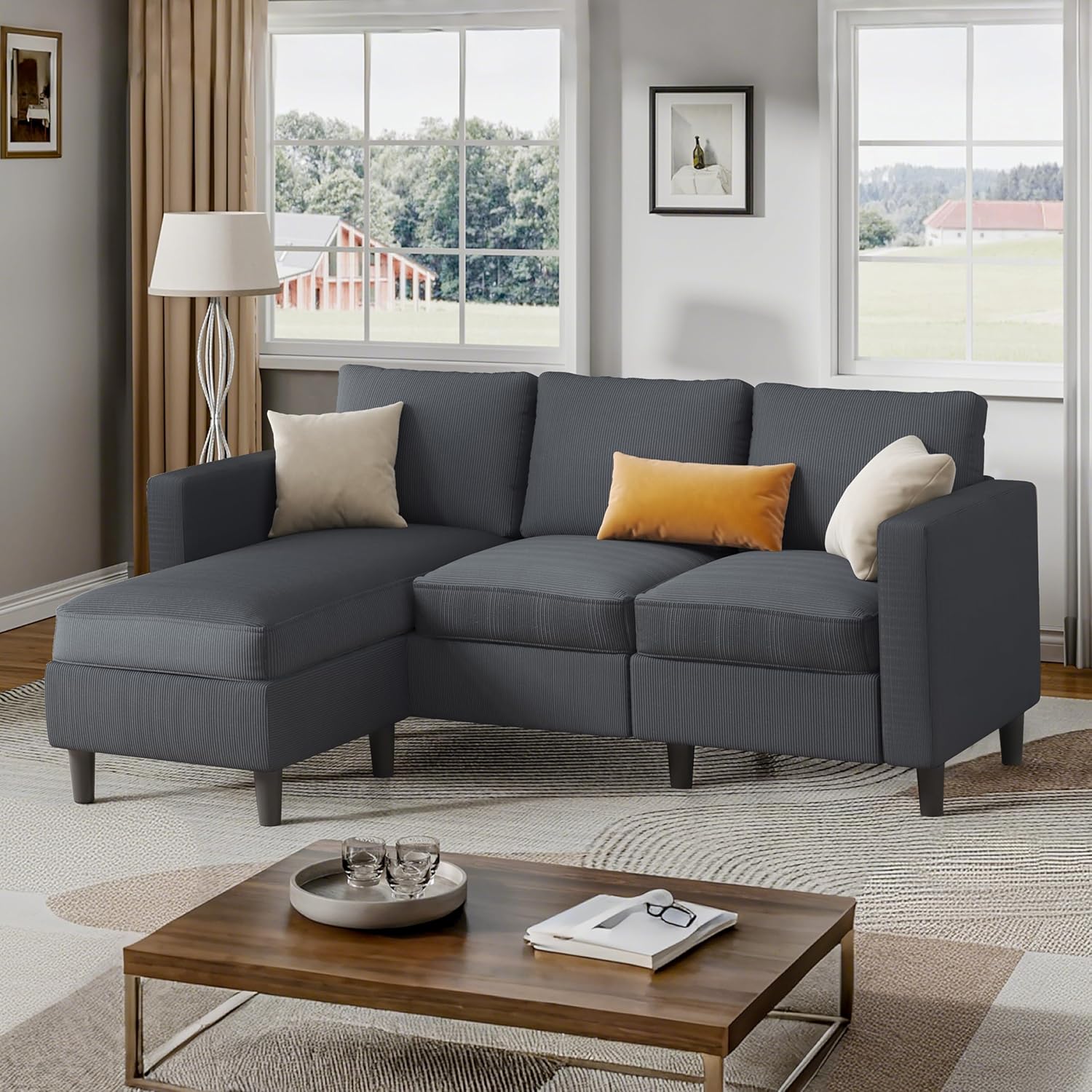 Shintenchi Modern Upholstered Sectional Sofa, L-Shaped Couch with Reversible Chaise for Living Room, New Corduroy Fabric