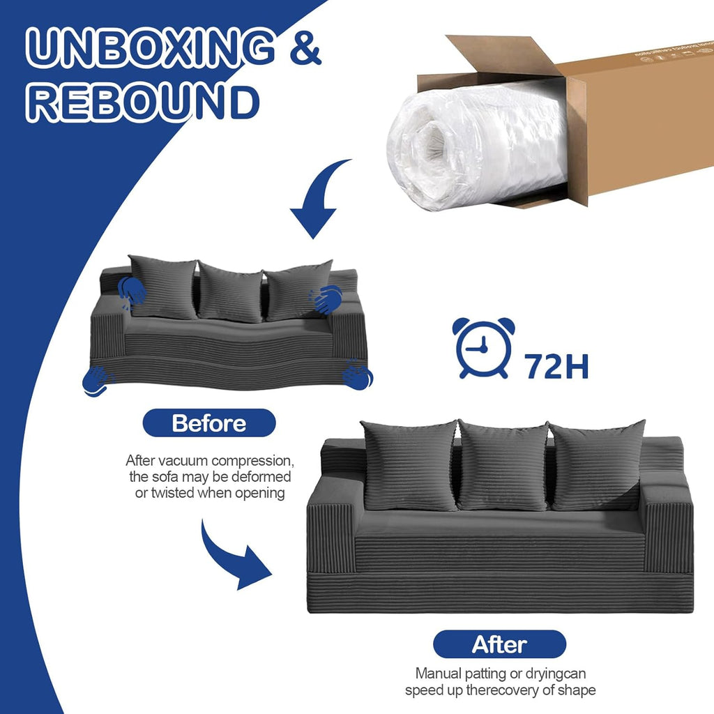 2 in 1 Convertible Boneless Couch Bed, Corduroy futon Sofa Bed, Compression Folding Floor Couch Sofas Bed with 3 Pillows for Bedroom, Small Space Guest and Living Room Sofa (Grey, 78 Inches)