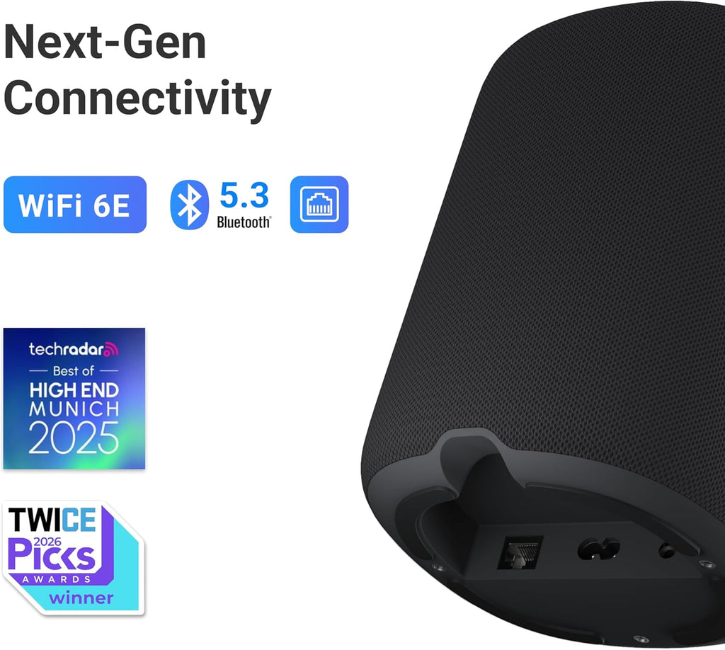 WiiM Sound Smart Speaker with 1.8″ Touch Display, Hi‑Res 24‑bit/192 kHz, AI RoomFit™ Room Correction, 100W Peak, Wi‑Fi 6E/Bluetooth 5.3, Multi‑Room & Stereo Pairing, Remote Included, Black