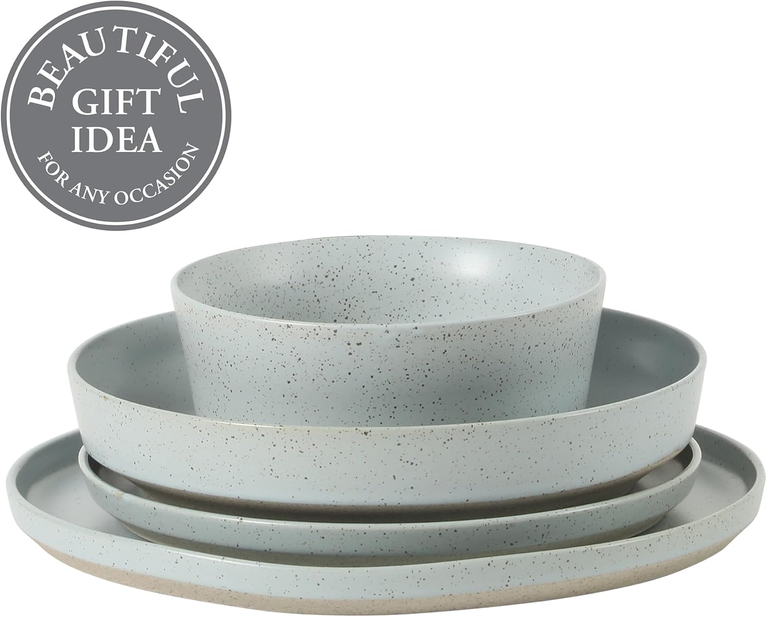Gibson Elite Overbrook 16-Piece Pottery Clay Stoneware Dinnerware Set – Light Blue Reactive Glaze, Stackable Plates and Bowls w/Pasta Bowl, Service for 4 – Microwave & Dishwasher Safe