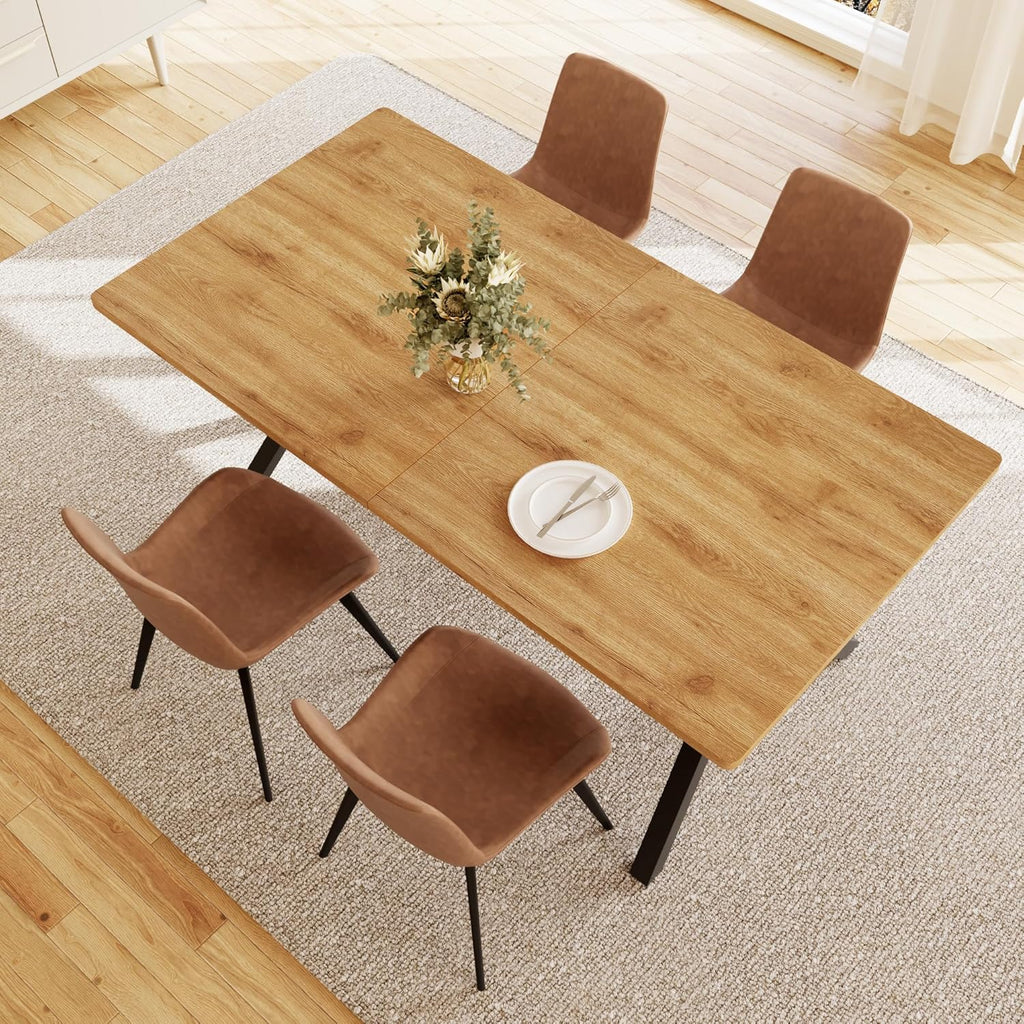 5-Piece Dining Table Set for 4-6 People, 63" MDF Kitchen Table with 4 Upholstered Chairs, Metal Legs for Dining Room, Kitchen(Oak Table+4 Brown Chairs)