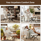 Welnow Lazy Chair with Ottoman, Modern Reading Accent Chair with Armrests and a Side Pocket, Leisure Upholstered Lazy Sofa Set with Footrest for Small Space, Beige