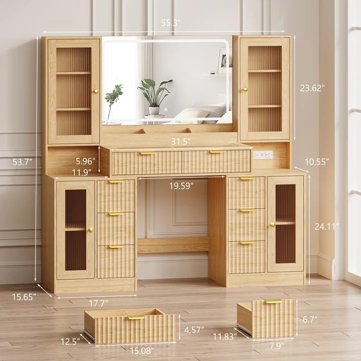 Fluted Makeup Vanity Desk with Mirror and Lights, 55" Glass Top Vanity with 8 Drawers & 4 RGB Glass Cabinets, Adjustable Shelves & Power Outlet, Modern Dressing Table Set for Women Girls Bedroom