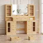 Fluted Makeup Vanity Desk with Mirror and Lights, 55" Glass Top Vanity with 8 Drawers & 4 RGB Glass Cabinets, Adjustable Shelves & Power Outlet, Modern Dressing Table Set for Women Girls Bedroom