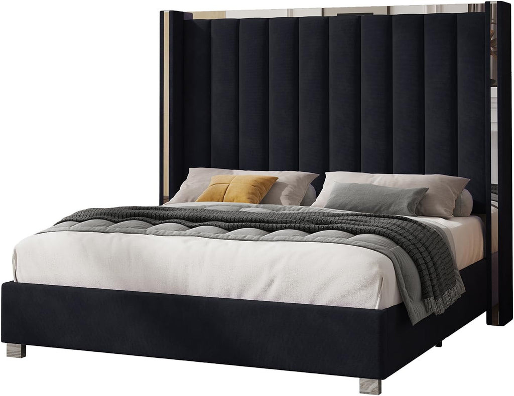 Jocisland Queen Size Bed Frame with 58" Tall Headboard, Velvet Upholstered Platform Bed with Channel Tufted Wingback Headboard and Plating Trim, No Box Spring Needed, Black