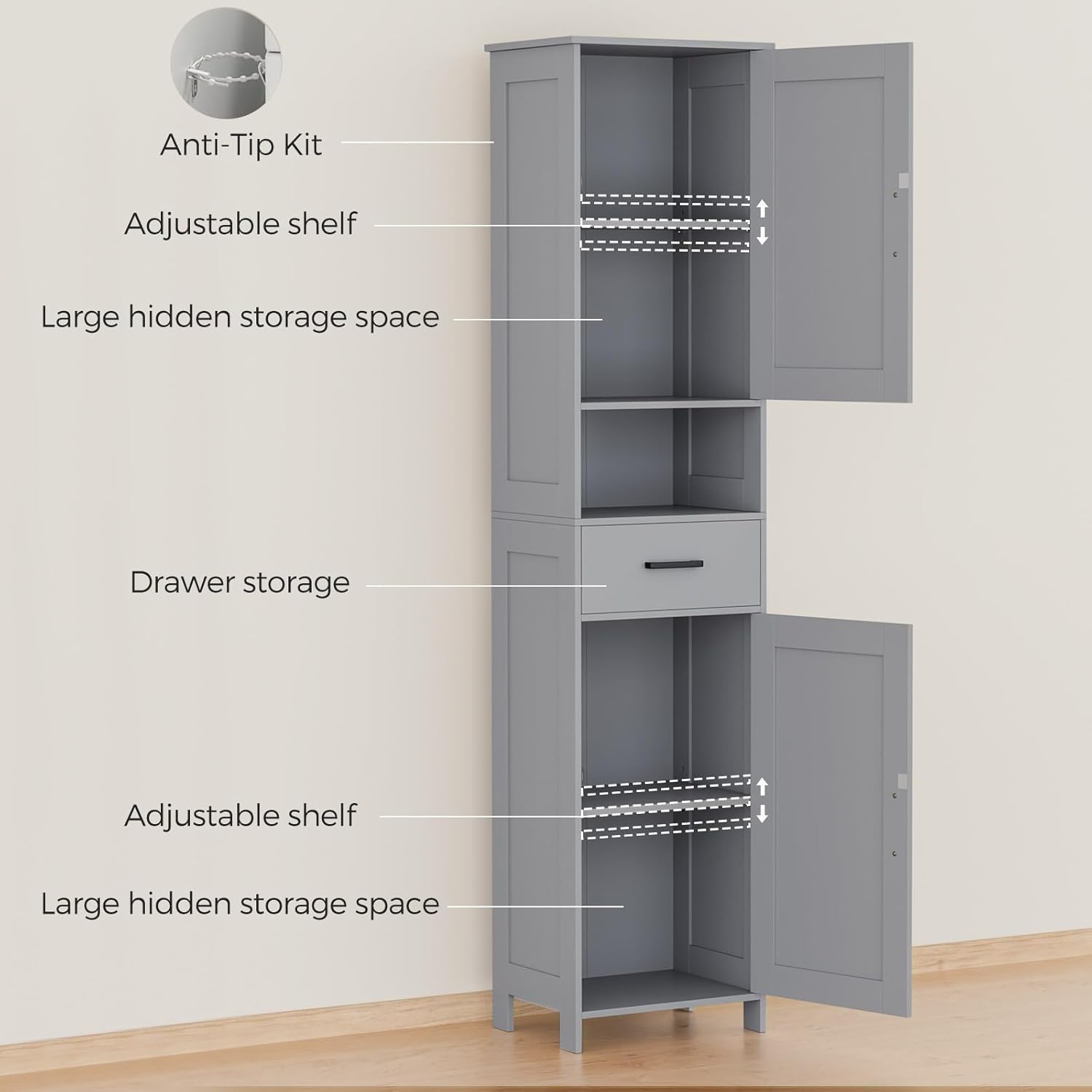 Homhedy 67" H Tall Bathroom Storage Cabinet with 2 Barn Doors and 1 Drawer, Narrow Storage Unit, Adjustable Shelves, Floor Cabinet for Bathroom, Living Room, Entryway, Kitchen, Gray, (15.7" W)