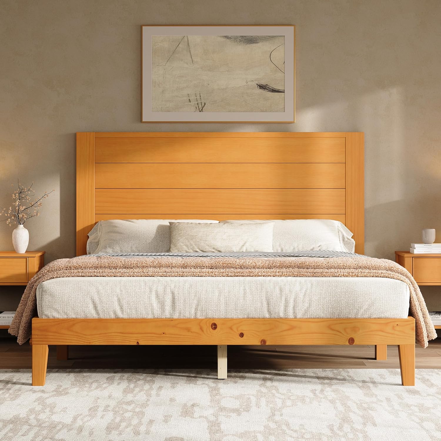 AMERLIFE Full Sizes Solid Wood Bed Frame with 48" Headboard, Mid Century Modern Platform Bed with Silent Wood Slat System, No Box Spring Needed, Under-Bed Storage, Natural