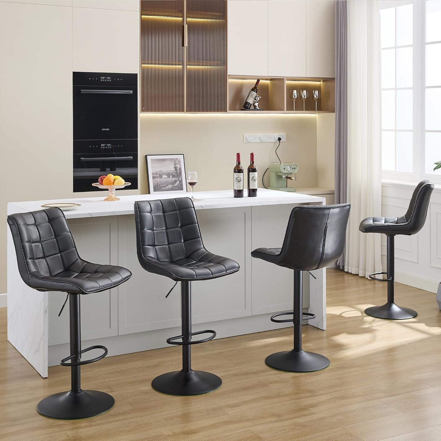 Bar Stools Set of 4, Adjustable Counter Height Bar Stools 24"-33", Modern Swivel Barstools with Backs, Black Kitchen Bar Chairs for Kitchen Island (Black, 4PCS)