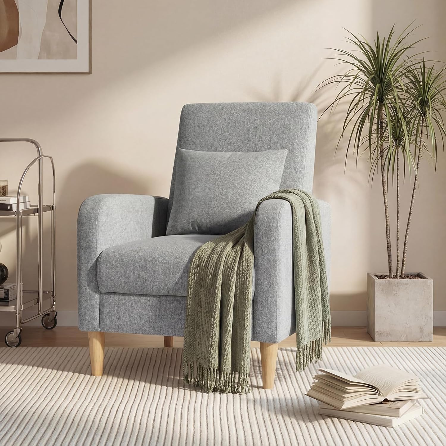 COLAMY Mid-Century Modern Upholstered Accent Chair with Back Pillow & Solid Wood Legs, Fabric Cozy Armchair for Living Room, Bedroom, Reading Nook, Apartment & Small Spaces, Lightgrey