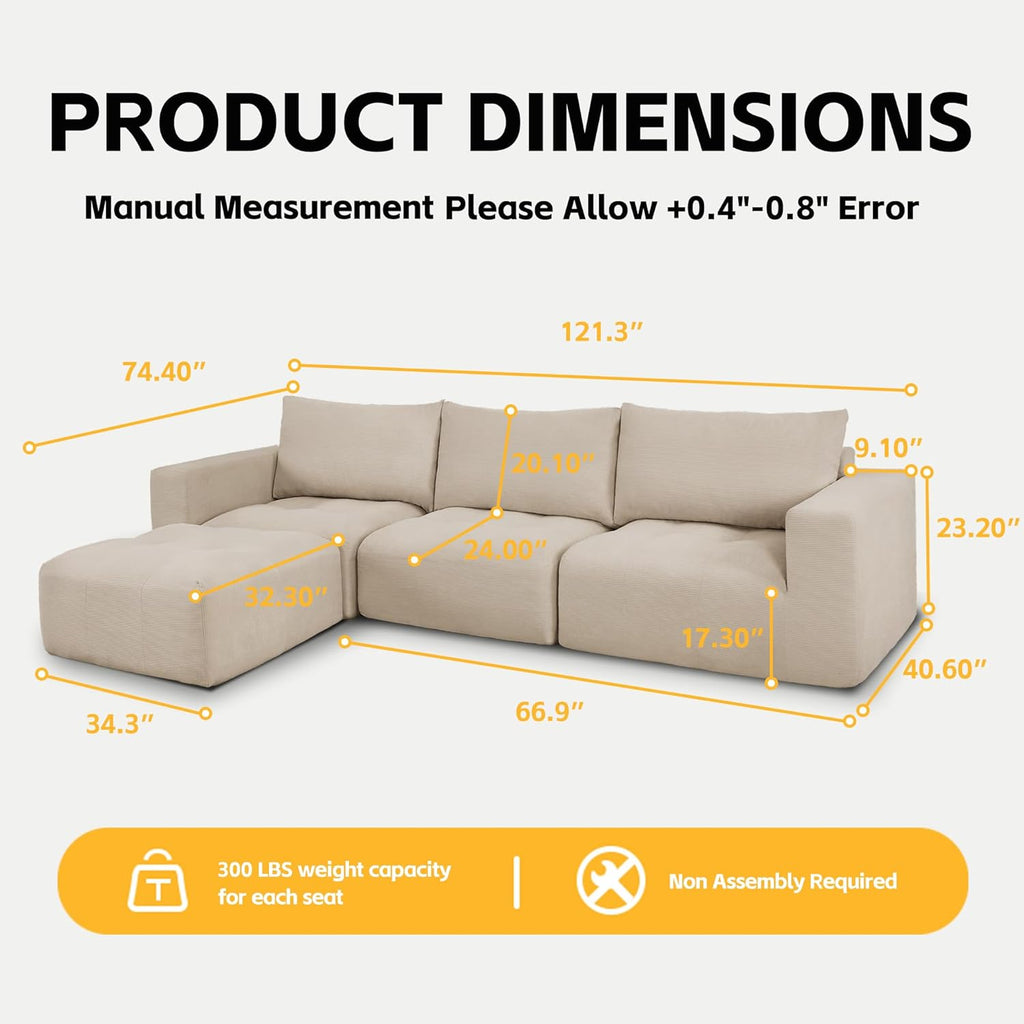 MCombo 121" Modular Sofa Couch, No Assembly Required, L Shaped Compressed Sectional Sofa with Ottoman, Deep Seat Upholstered Boneless Couch for Living Room, SS378 (Light Brown)
