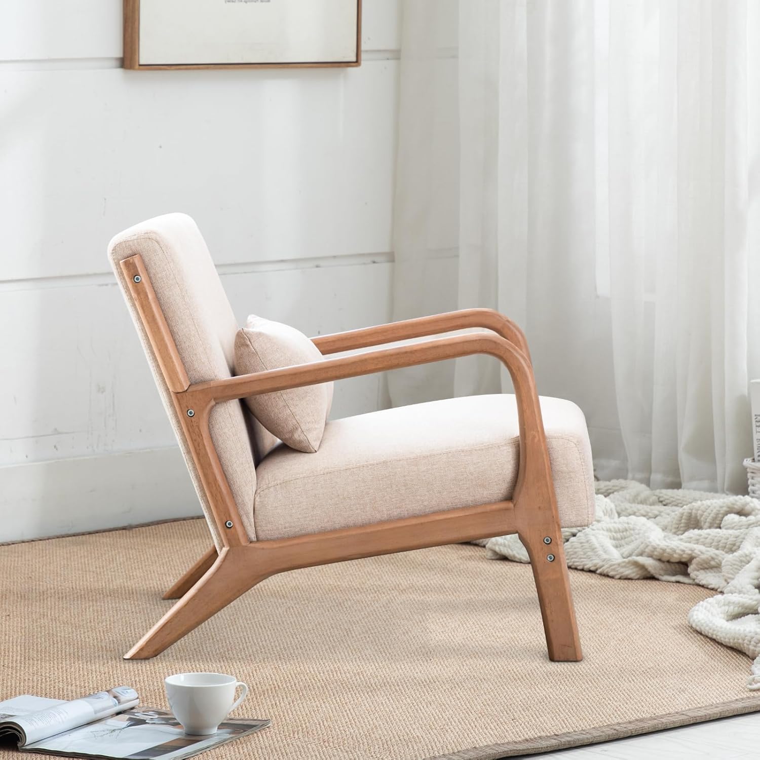 INZOY Mid-Century Modern Accent Chair Set of 2, Upholstered Living Room Chairs with Waist Cushion, Reading Armchair for Bedroom Sunroom