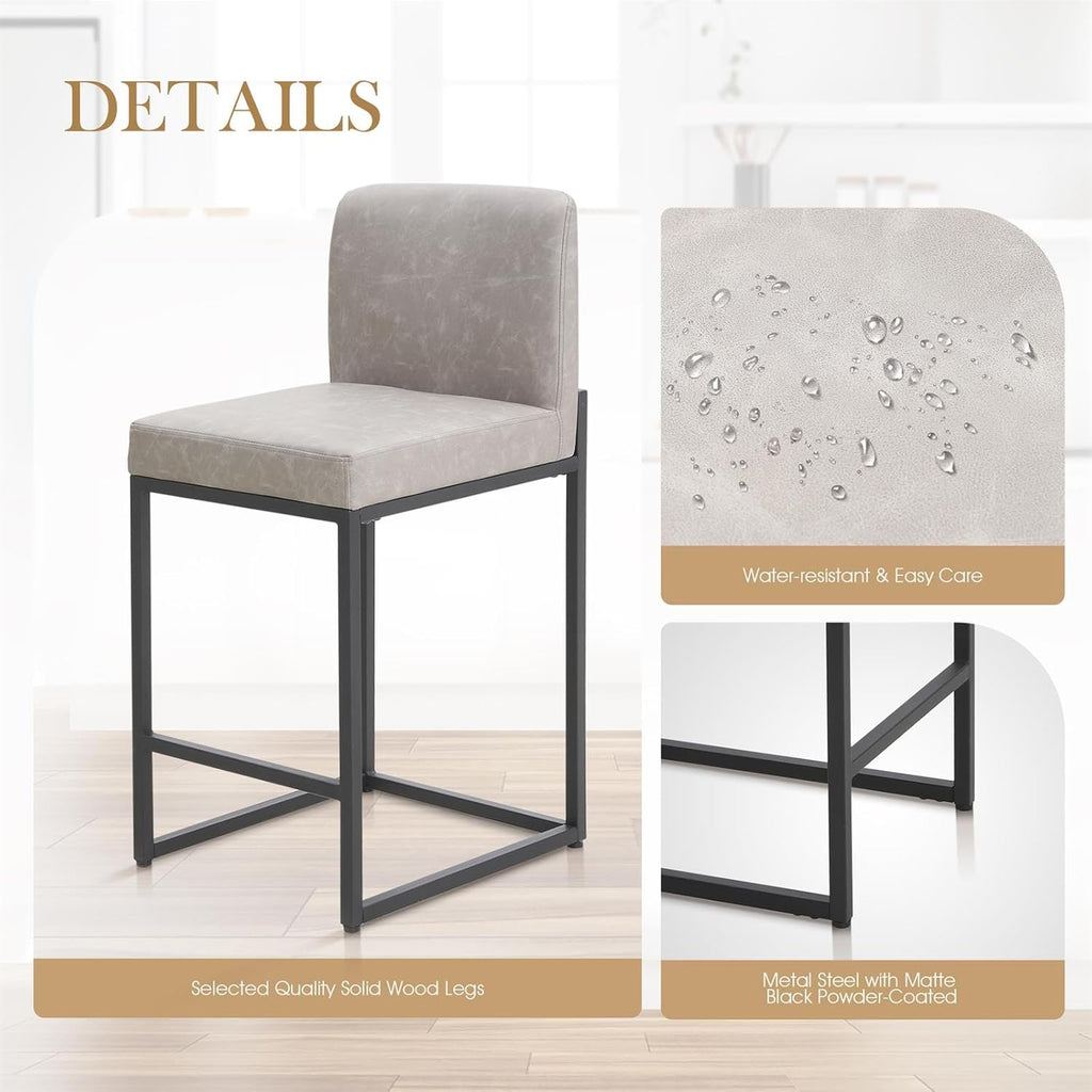 Sophia & William Light Grey Bar Stools Set of 3, Modern PU Leather Counter Height Barstools with Back, 24" Kitchen Island Bar Chairs