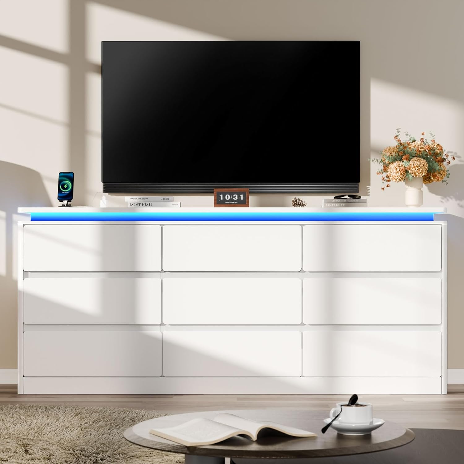 9 Drawer Dresser for Bedroom, 63" Long White Chest of Drawers with Charging Station & LED Lights, Curved Profile Design,Wooden Closet Storage Cabinet,Modern Dresser TV Stand with Deep Drawers