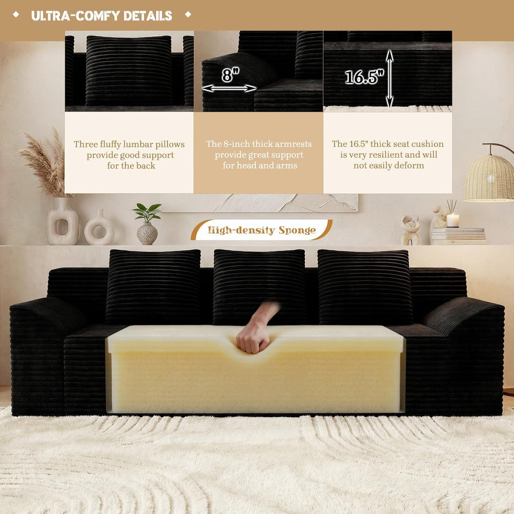 71" Corduroy Living Room Sofa, 3 Setaser Deep Seat Couch with 3 Lumbar Pillows, Comfy Boneless Sofa Modern Compressed Couch for Bedroom, Office, Apartment, No Assembly, Curved Armrests (Black)