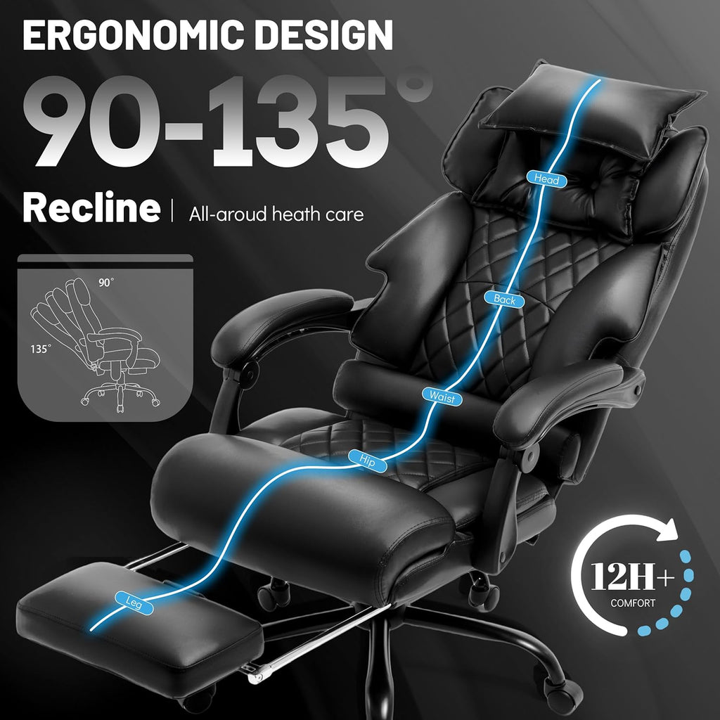 Massage Office Chair with Foot Rest,6 Points Vibration & Heat Executive Office Chairs for Heavy People,500LBS Big and Tall Office Chair,Ergonomic Reclining Desk Chair,Dual-Use Pillow,Black
