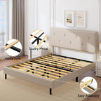 King Size Linen Bed Frame, Upholstered Platform Bed Frame with Adjustable Headboard, Wooden Slats Support, Easy Assembly, No Box Spring Needed, Beige
