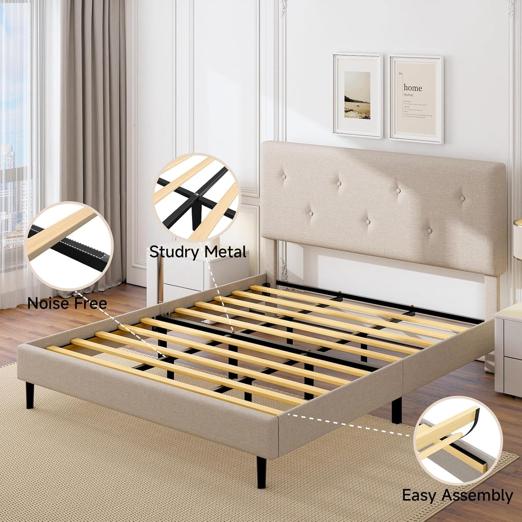 King Size Linen Bed Frame, Upholstered Platform Bed Frame with Adjustable Headboard, Wooden Slats Support, Easy Assembly, No Box Spring Needed, Beige