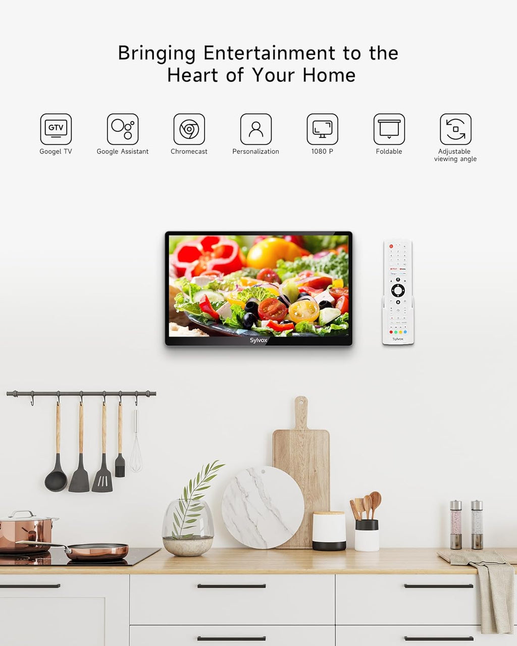 SYLVOX Kitchen TV  Small Smart TV for Kitchen  15.6 inch 1080P Full HD Under Cabinet TVs  Google Smart Television with Voice Remote Control WiFi Bluetooth Chromecast 2 Speakers  Compact & Foldable