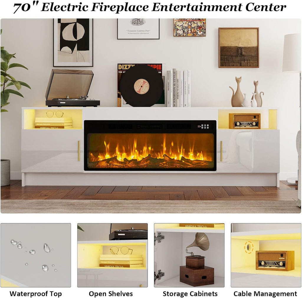 BREEZEHEAT TV Stand with Fireplace-Fireplace TV Stand for 75+ inch TV, LED Entertainment Center for Living Room w/ 36" Fireplace Inserts, TV Console with Cabinet, White